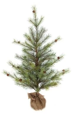 36 Inches PVC Pine Christmas Tree With Burlap Base - Pine Cones - Green