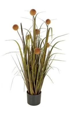 42 Inches PVC Onion Grass With Pomp Balls - Brown/Olive - Weighted Base