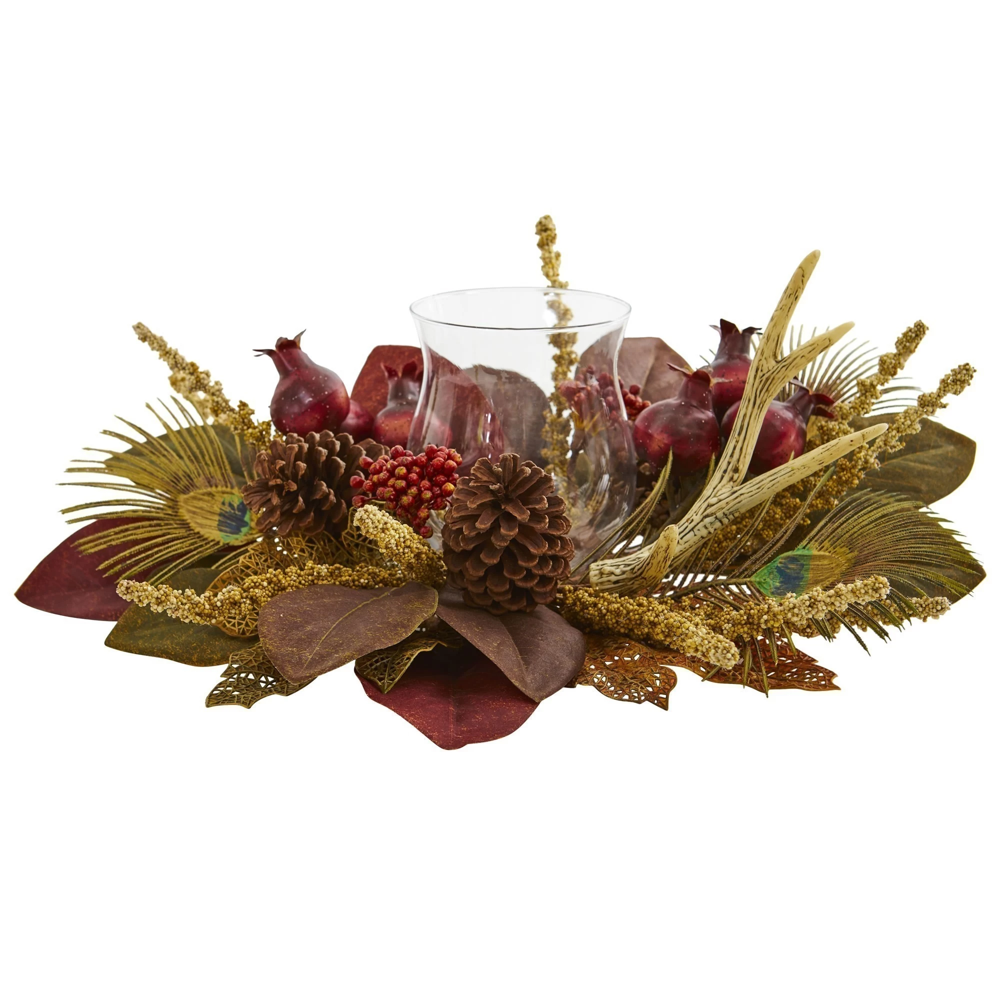 Magnolia, Berry, Antler And Peacock Feather Artificial Candelabrum Arrangement