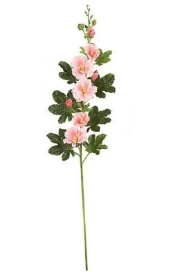 45 Inches Hollyhock Spray - 11 Green Leaves - 5 Pink Flowers - 8 Buds