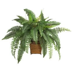Boston Fern W/Wood Wicker Basket Silk Plant