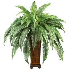 Boston Fern W/Decorative Wood Vase Silk Plant