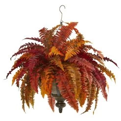 28" Autumn Boston Fern Artificial Plant In Hanging Metal Bowl