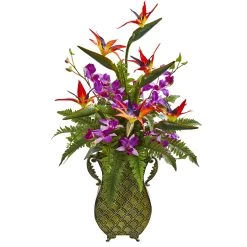 32 Inches 23 Inches 20 Inches Bird Of Paradise, Orchid And Fern Artificial Arrangement In Metal Planter