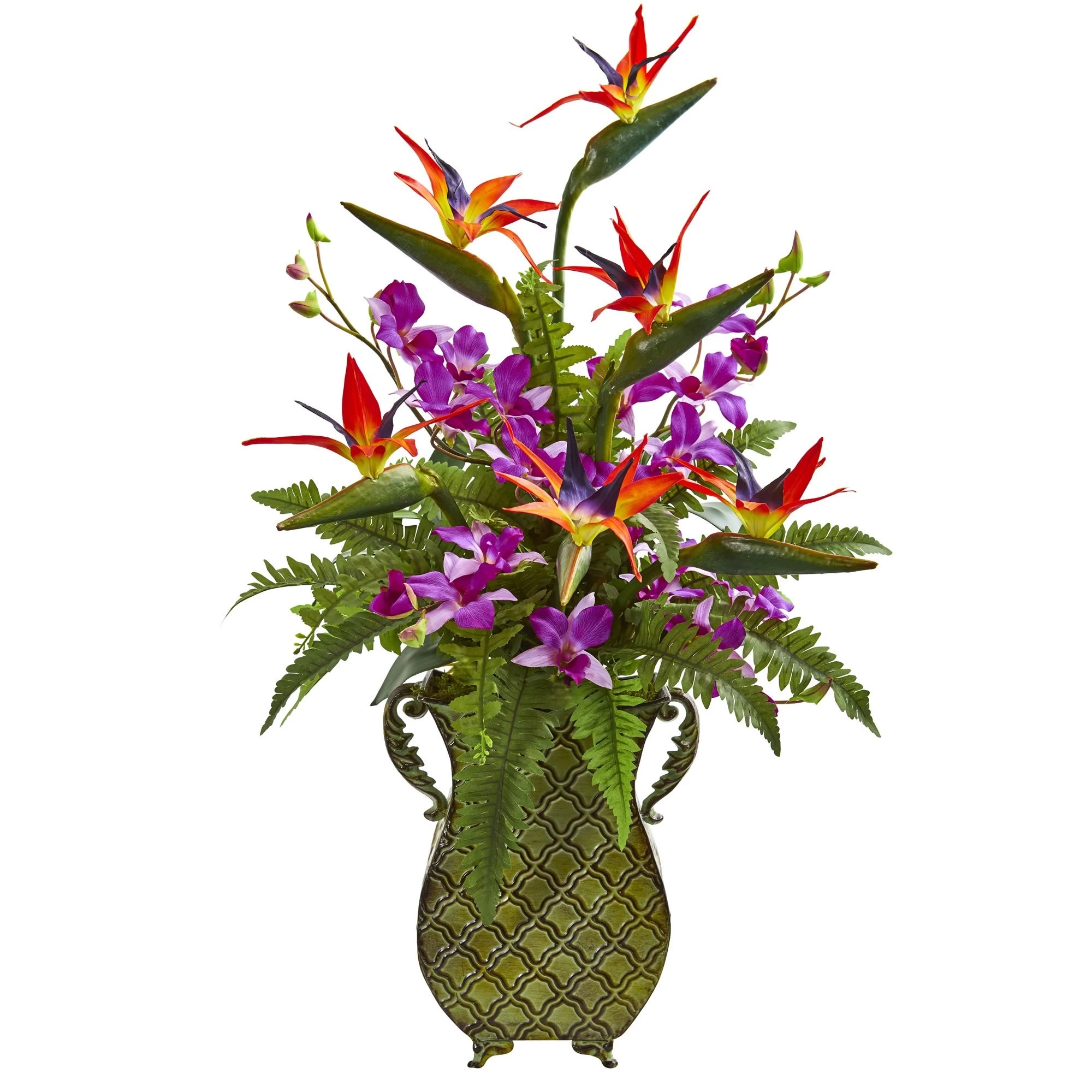 32 Inches 23 Inches 20 Inches Bird Of Paradise, Orchid And Fern Artificial Arrangement In Metal Planter