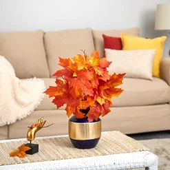 18" Autumn Maple Leaf Artificial Plant In Blue And Gold Planter