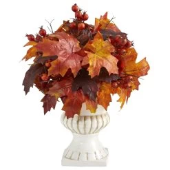 20" Autumn Maple Leaf And Berries Artificial Plant In White Urn