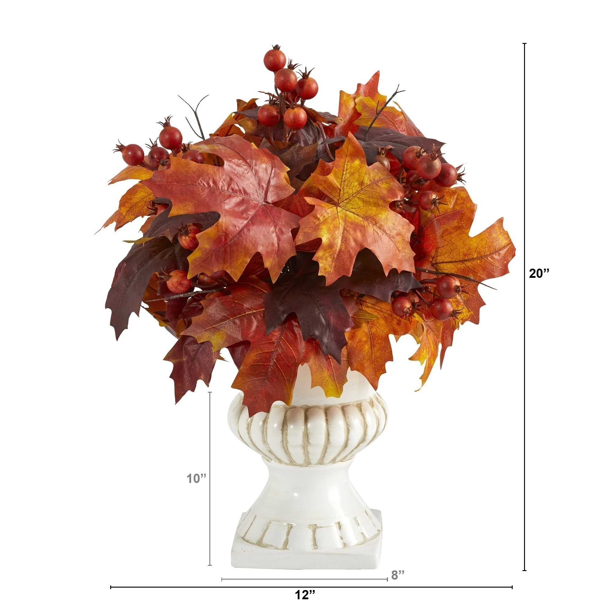 20" Autumn Maple Leaf And Berries Artificial Plant In White Urn - Image 2