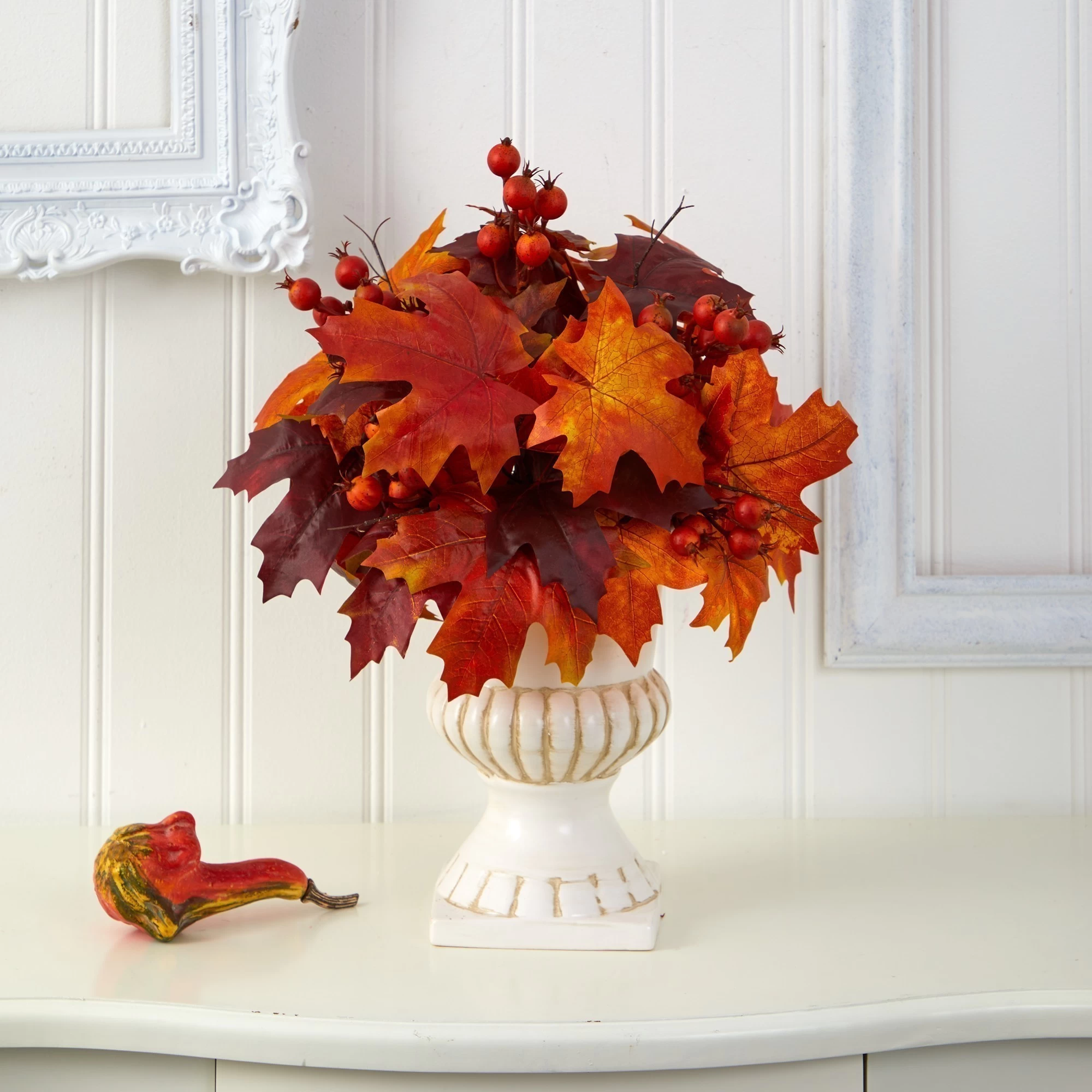 20" Autumn Maple Leaf And Berries Artificial Plant In White Urn - Image 3