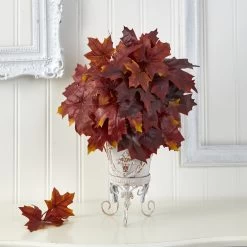 20" Autumn Maple Leaf Artificial Plant In Metal Planter