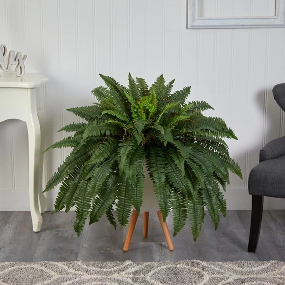 2.5' Boston Fern Artificial Plant In White Planter With Legs - Image 4