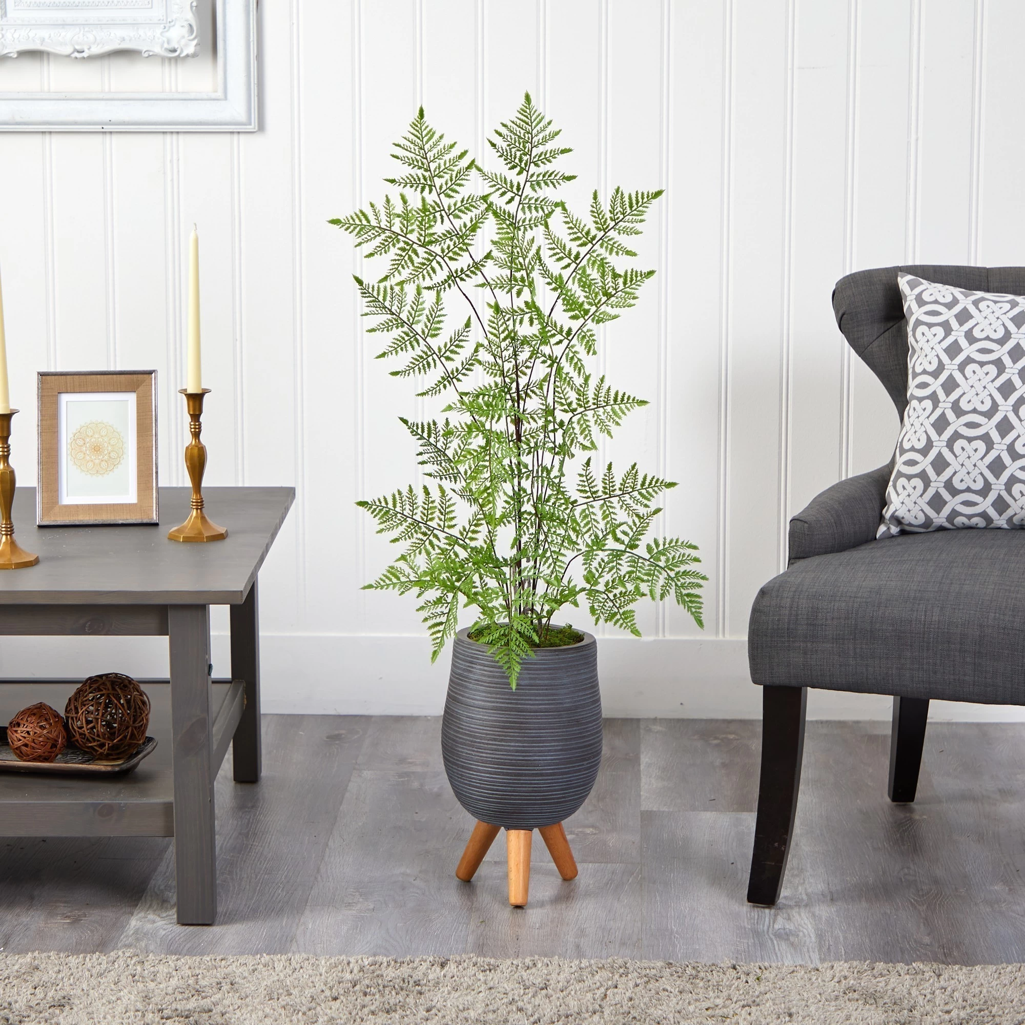 39” Ruffle Fern Artificial Tree In Gray Planter With Stand - Image 3