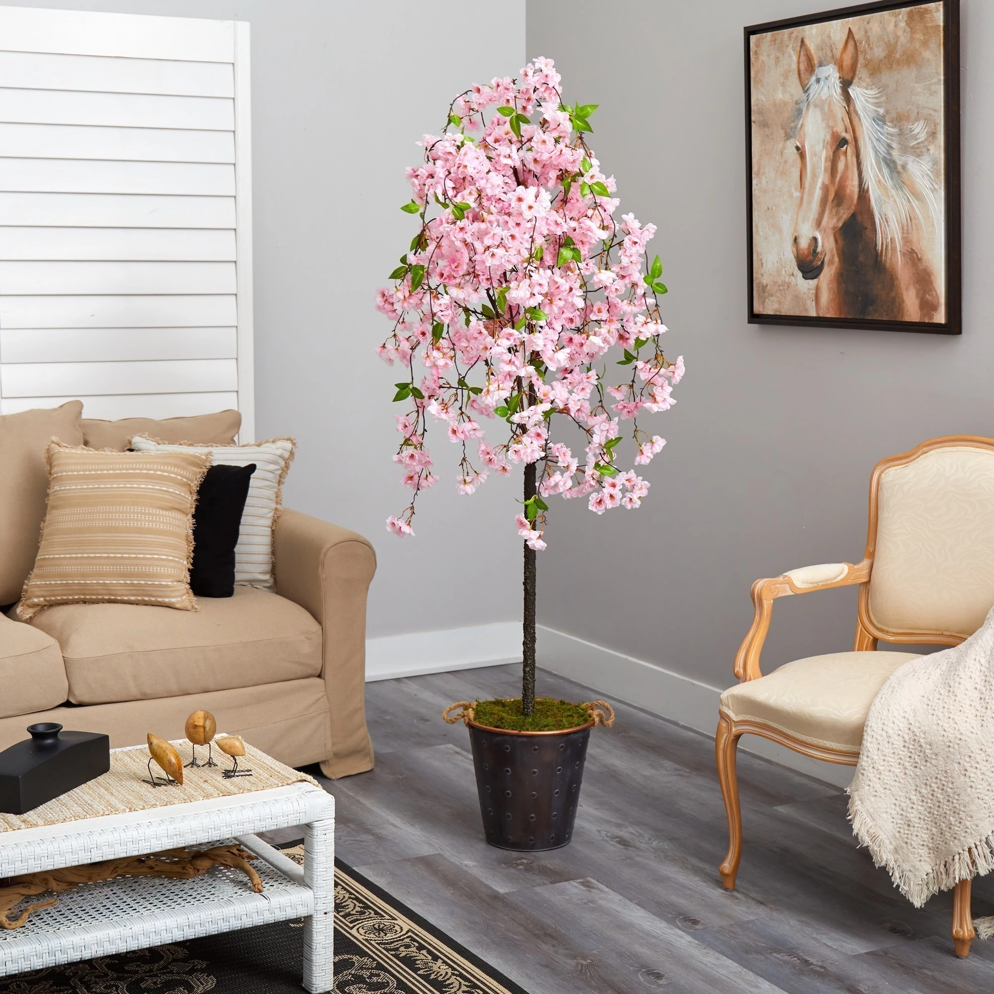 6' Cherry Blossom Artificial Tree In Decorative Metal Pail With Rope - Image 3