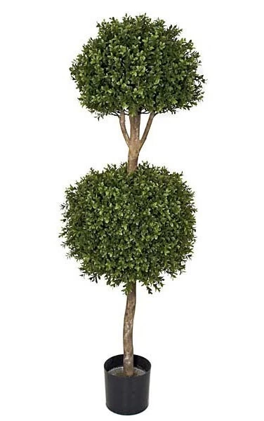 4 Feet Plastic Double Boxwood Ball Topiary - Natural Trunk - 16 Inches And 20 Inches Diameters