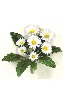 12 Inches Gerbera Daisy Bush - 8 Leaves - 7 Flowers - White - Bare Stem