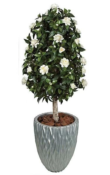 4.5 Feet Gardenia Artificial Topiary - Natural Trunk - White - Weighted Base