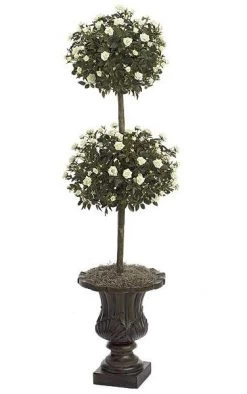 4 Foot Mini Rose Artificial Topiary - Double Ball - Natural Trunk - 3,204 Leaves - 486 White/Green Flowers - Weighted Base