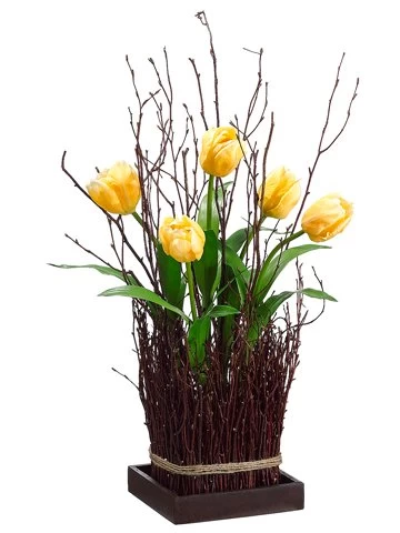 EF-168Y 23 Inches Tulip Standing Twig Bundle On Wood Tray Yellow - Image 2