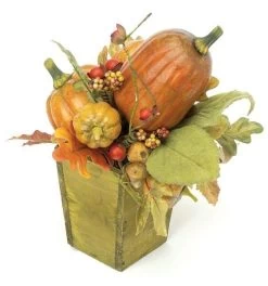 Small Pumpkin Arrangement In Wood Planter