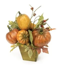 Pumpkin Arrangement In Wood Planter