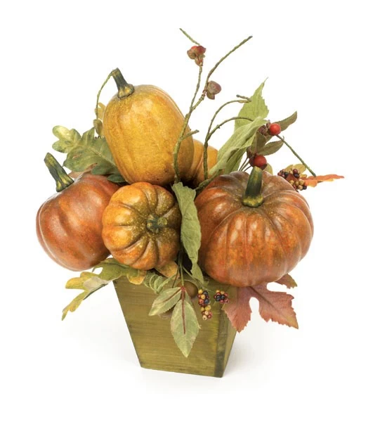 Pumpkin Arrangement In Wood Planter