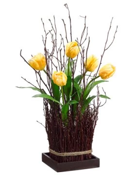 EF-168Y 23 Inches Tulip Standing Twig Bundle On Wood Tray Yellow