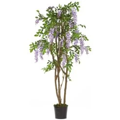 5 Feet Wisteria Artificial Topiary - Natural Trunk - 1,377 Leaves - 25 Flowers - Lavender - Weighted Base